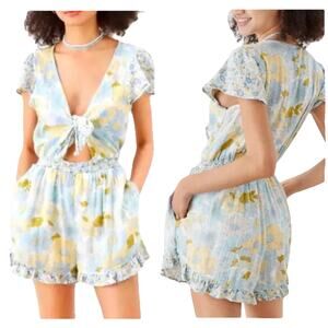 AMERICAN EAGLE Y2K Flirty Floral Mini Cut Out Front Tie Ruffled Romper Size XS